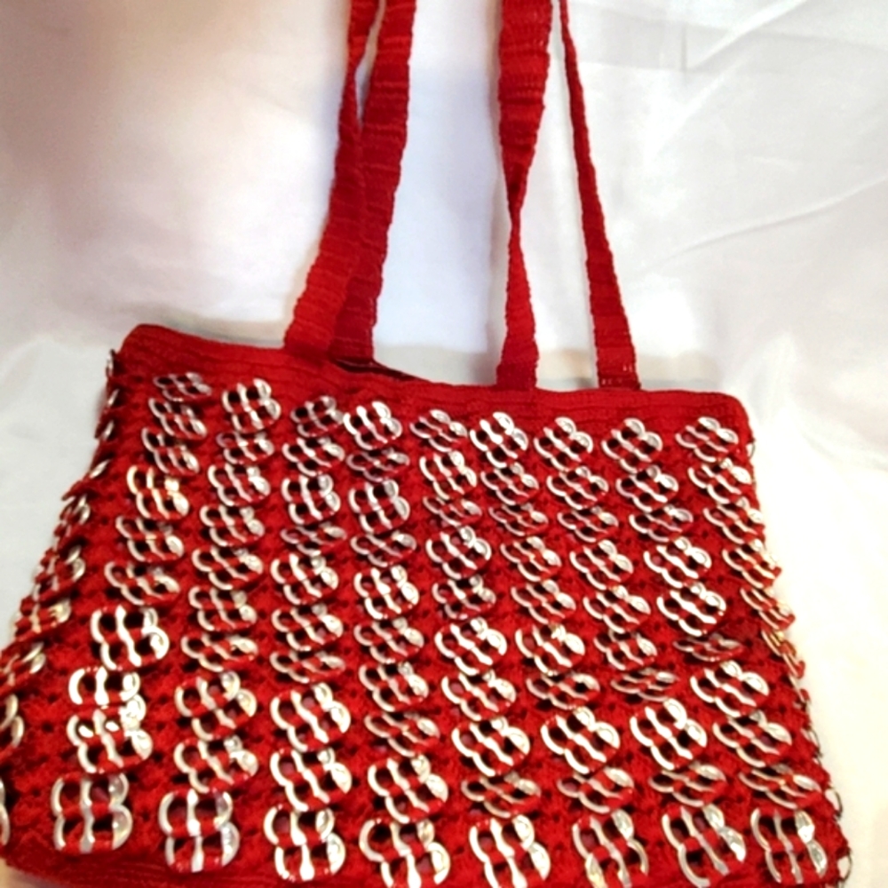 Red Crocheted Vintage Pop Top Purse Tote